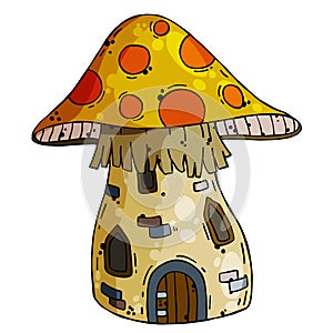 Mushroom house. Fairy tale children drawing.