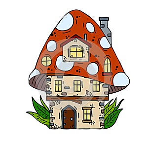 Mushroom house. Fairy tale children drawing.