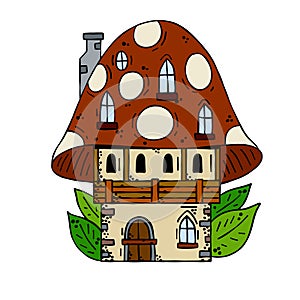 Mushroom house. Fairy tale children drawing.