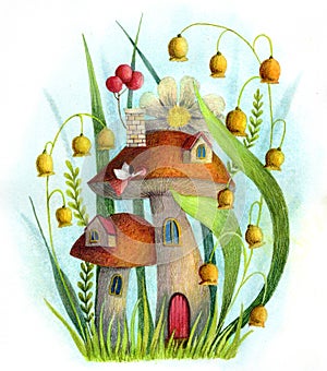 Mushroom house with flowers, grass, fairy and leaves.