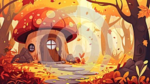 The mushroom house of the gnome in the autumn forest. Modern cartoon illustration of fairytale woodland with small dwarf