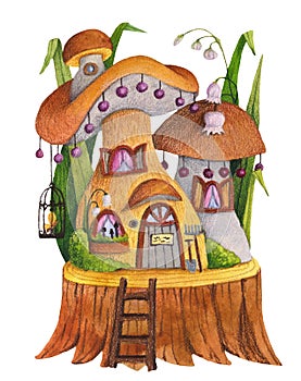 Mushroom house with grass, flowers, butterfly, birdcage and shovel.