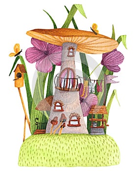 Mushroom house with grass, flowers, butterfly, nesting box and well.