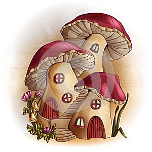 Mushroom houses fairy tale illustration