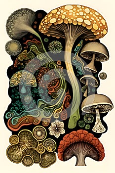 Mushroom illustration. Psychedelic hallucination. Vector illustration photo