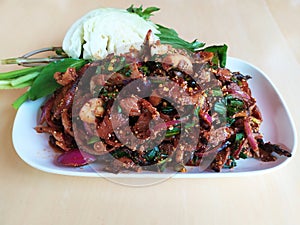 Mushroom larb salad, isan food with spicy flavor