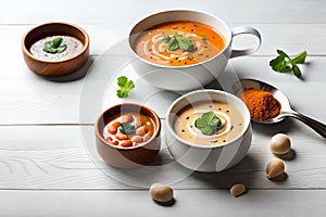 Mushroom and lentil cream soup, bean, carrot and tomato soup, broccoli and spinach soup