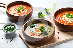 Mushroom and lentil cream soup, bean, carrot and tomato soup, broccoli and spinach soup