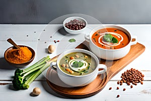 Mushroom and lentil cream soup, bean, carrot and tomato soup, broccoli and spinach soup