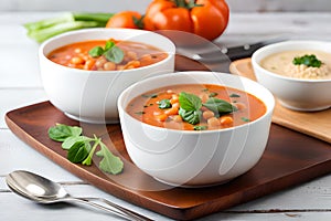 Mushroom and lentil cream soup, bean, carrot and tomato soup, broccoli and spinach soup