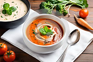 Mushroom and lentil cream soup, bean, carrot and tomato soup, broccoli and spinach soup