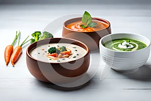 Mushroom and lentil cream soup, bean, carrot and tomato soup, broccoli and spinach soup