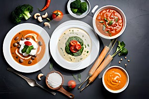 Mushroom and lentil cream soup, bean, carrot and tomato soup, broccoli and spinach soup