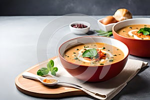 Mushroom and lentil cream soup, bean, carrot and tomato soup, broccoli and spinach soup