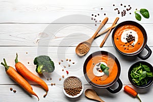 Mushroom and lentil cream soup, bean, carrot and tomato soup, broccoli and spinach soup