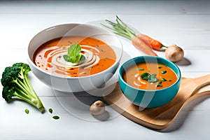 Mushroom and lentil cream soup, bean, carrot and tomato soup, broccoli and spinach soup