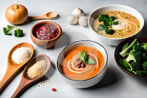 Mushroom and lentil cream soup, bean, carrot and tomato soup, broccoli and spinach soup