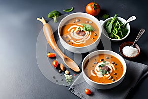 Mushroom and lentil cream soup, bean, carrot and tomato soup, broccoli and spinach soup