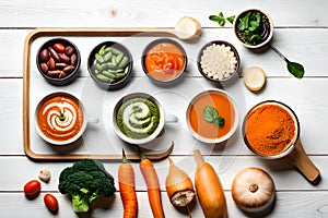 Mushroom and lentil cream soup, bean, carrot and tomato soup, broccoli and spinach soup