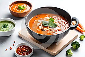 Mushroom and lentil cream soup, bean, carrot and tomato soup, broccoli and spinach soup