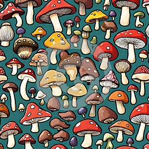 Mushroom Melange: Fungus Illustration on Green Canvas