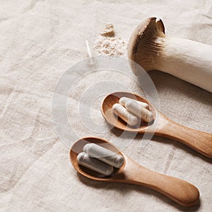 mushroom and natural herbal pills on wood spoons on textile background. environmental friendly