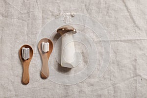 mushroom and natural herbal pills on wood spoons on textile background. environmental friendly