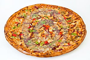 Mushroom pizza with ham with vegetables and cheese on a plate on a white background