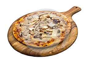 Mushroom pizza isolated on wooden cutting board on plain white background side view of fastfood