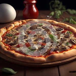 mushroom pizza on the wooden table close-up