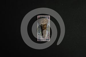 Mushroom placed on indian currency on a black textured background