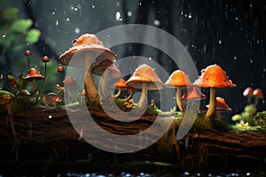 Mushroom rain log. Generate Ai