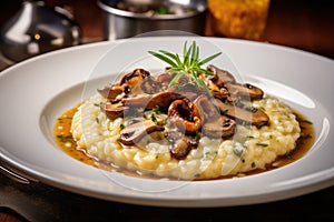 Mushroom Risotto on Elegant Restaurant Plate, Porcini Mushrooms Rissoto, Delicious Italian Risoto Lunch