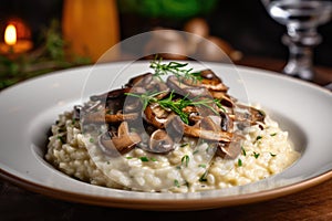 Mushroom Risotto on Elegant Restaurant Plate, Porcini Mushrooms Rissoto, Delicious Italian Risoto Lunch