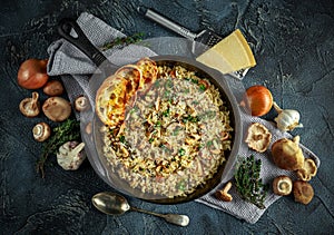 Mushroom Risotto in iron pan with herbs and parmesan cheese photo