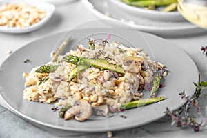 Mushroom risotto on white Grey, close up view.