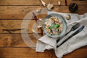 Mushroom risotto on white plate, close up view photo