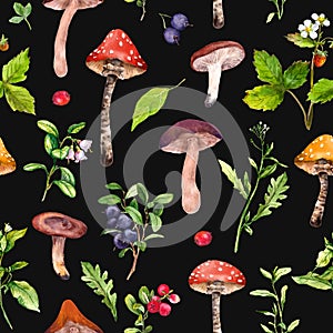 Mushroom seamless pattern. Forest mushrooms, berries, grass and wild flowers. Botanical plants, fungus of woodland