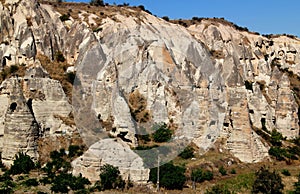 Mushroom-shaped rocks with caves inside in the Goreme National Park in Cappadocia, Turkey