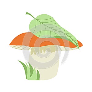Mushroom simple vector illustration. Mushroom in summer with a leaf on a hat hand drawn. Design element for greeting