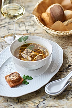 Mushroom soup with egg noodles