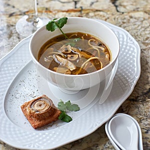 Mushroom soup with egg noodles