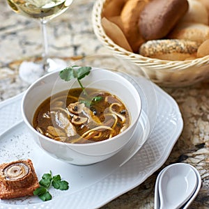 Mushroom soup with egg noodles