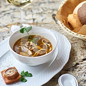 Mushroom soup with egg noodles