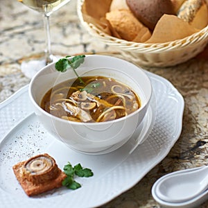 Mushroom soup with egg noodles