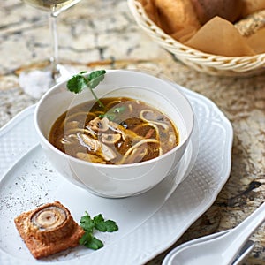 Mushroom soup with egg noodles