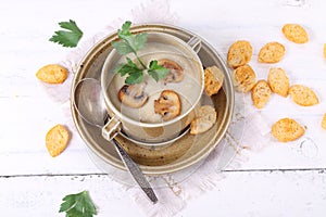 Mushroom soup puree with croutons