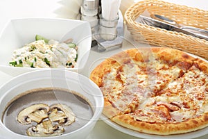Mushroom soup salad and pizza