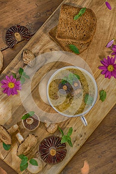 Mushroom soup  on a wooden table