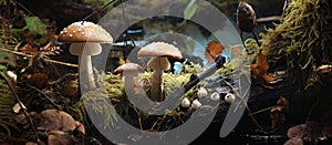 Mushrooms of Agaricaceae family growing in mossy forest